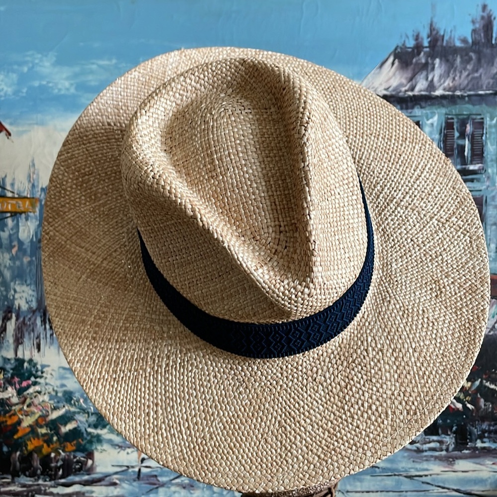 New The Native Hat Company Natural Straw Hat Navy Band Size M